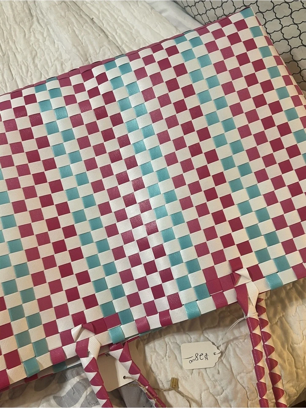 LUX Pink, White & Blue Woven Check Tote